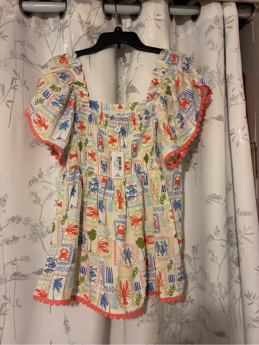 Simply Southern White Tropical Print with lobster Smocked Top with Coral Trim - Picture 2 of 2